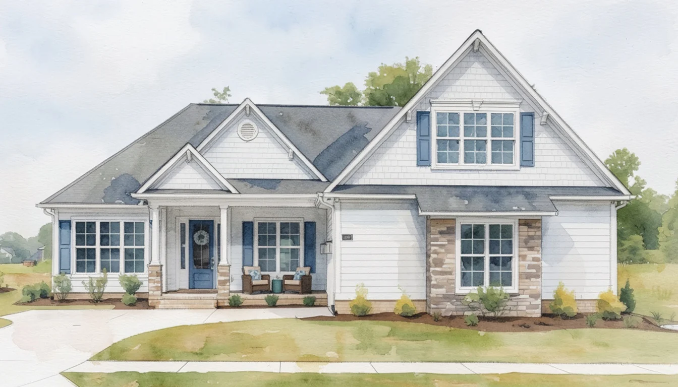 Charming single-story home with blue shutters, stone facade, and landscaped yard, showcasing the craftsmanship of a skilled home builder.
