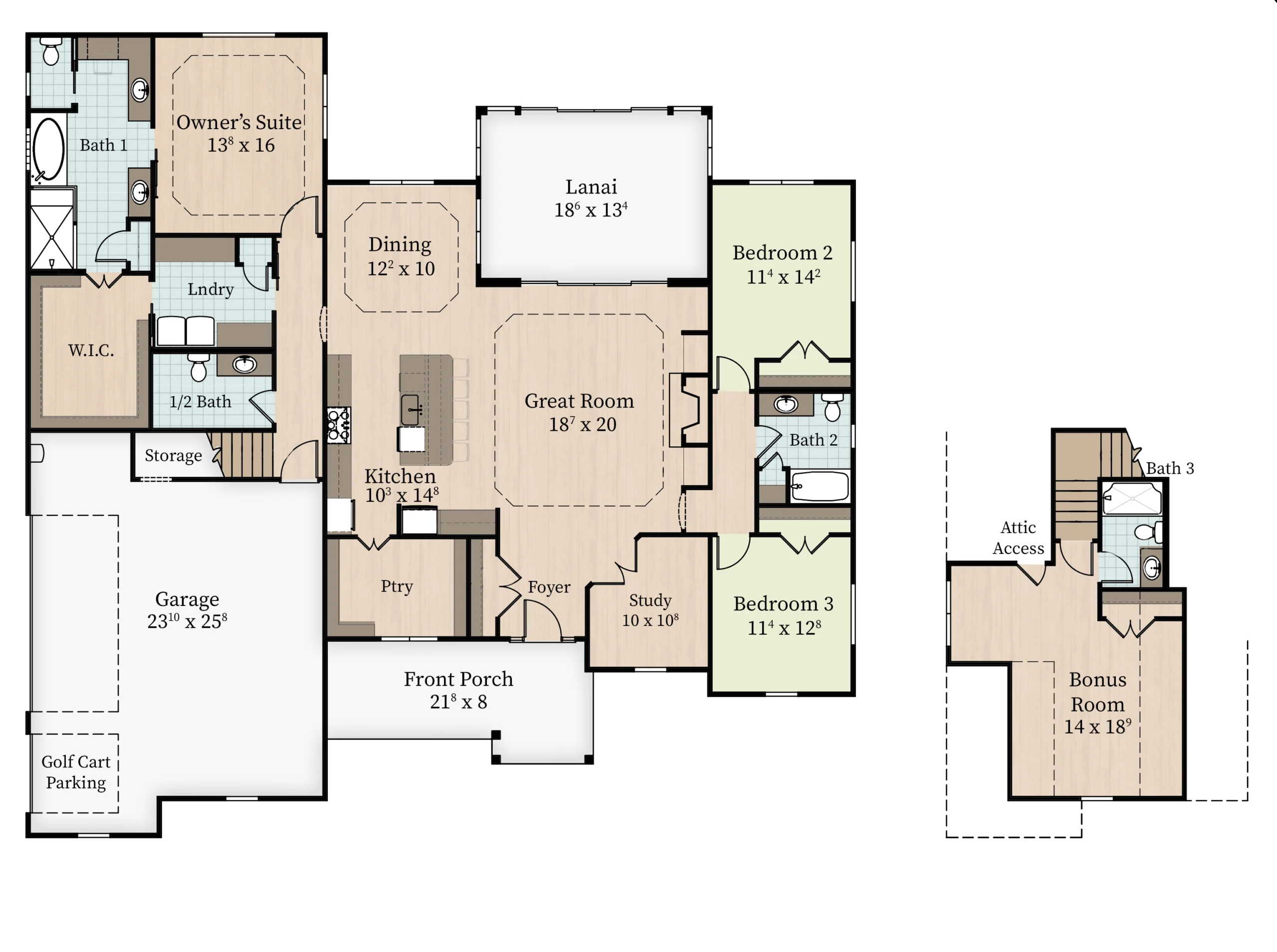 Floor plan showing a home builder design with 3 bedrooms, 3.5 baths, great room, kitchen, lanai, garage, and bonus room with attic access.