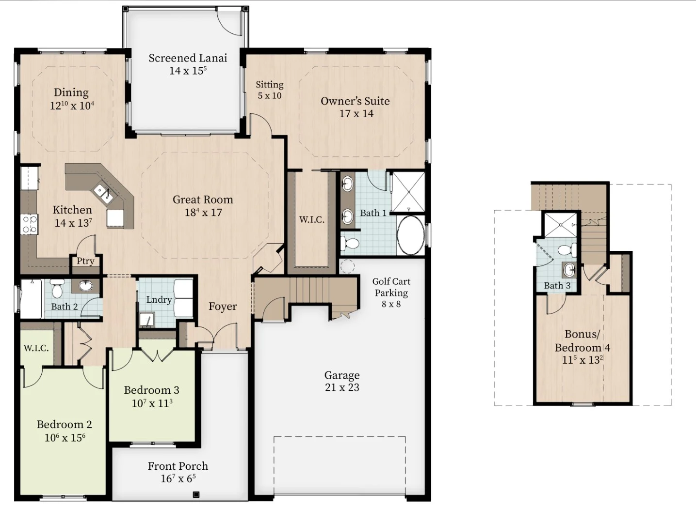 Floor plan with three bedrooms, two baths, great room, kitchen, and garage. Upstairs bonus room with bath. Ideal for a home builder design.