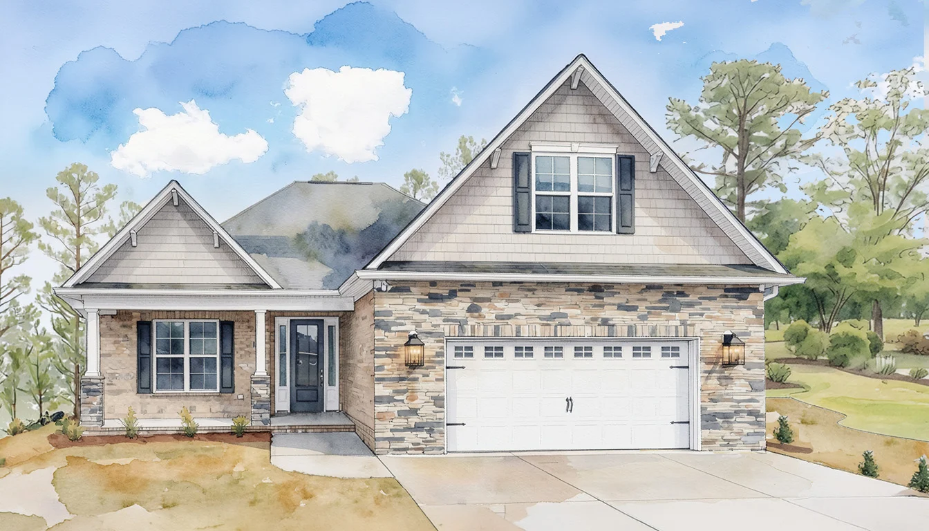 Watercolor-style depiction of a suburban home with stone facade, gabled roof, and a garage, highlighting craftsmanship of a home builder.