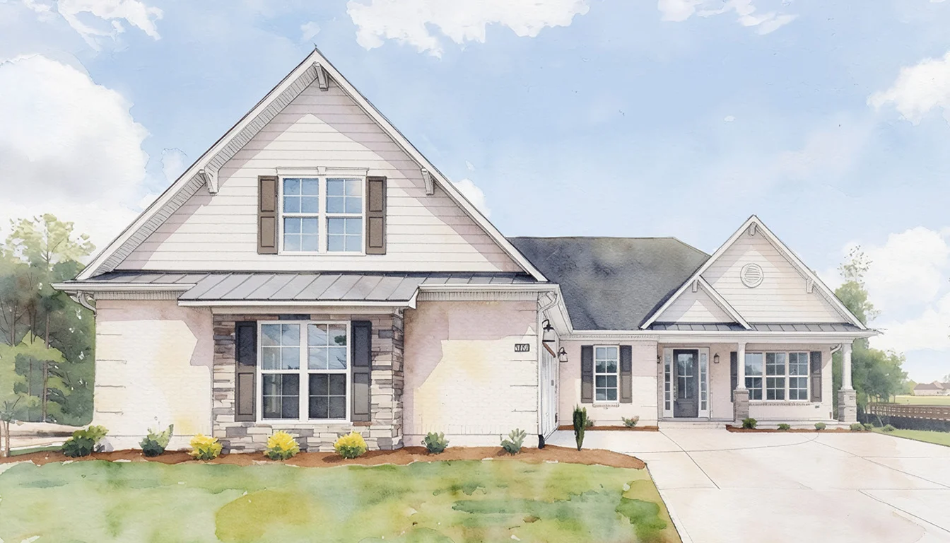 Modern suburban home with gabled roof, stone accents, and landscaped front yard, showcasing home builder design.
