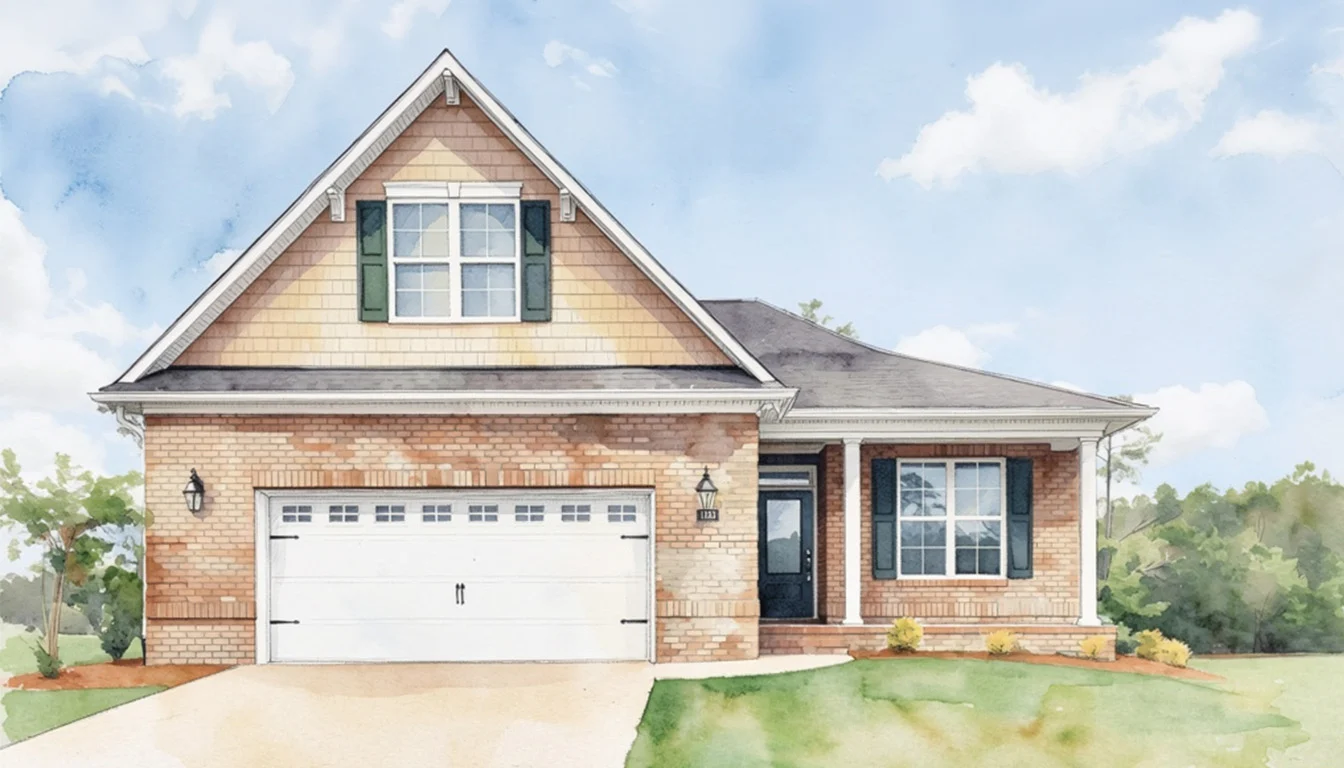 Two-story brick house with a triangular roof, garage, and front porch, set against a clear sky, showcasing home builder design.