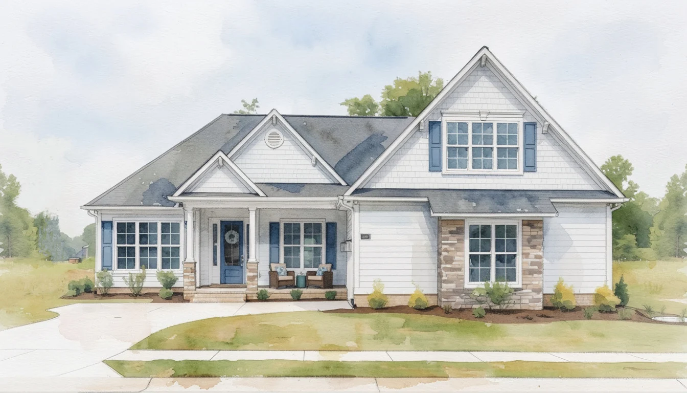 Single-story white home with blue shutters and a porch, built by a home builder, surrounded by a lawn and trees.