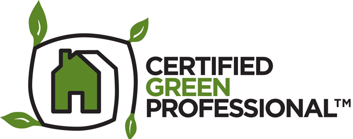 Certified Green Professional logo featuring a green house silhouette surrounded by leaves, highlighting eco-friendly home builder certification.